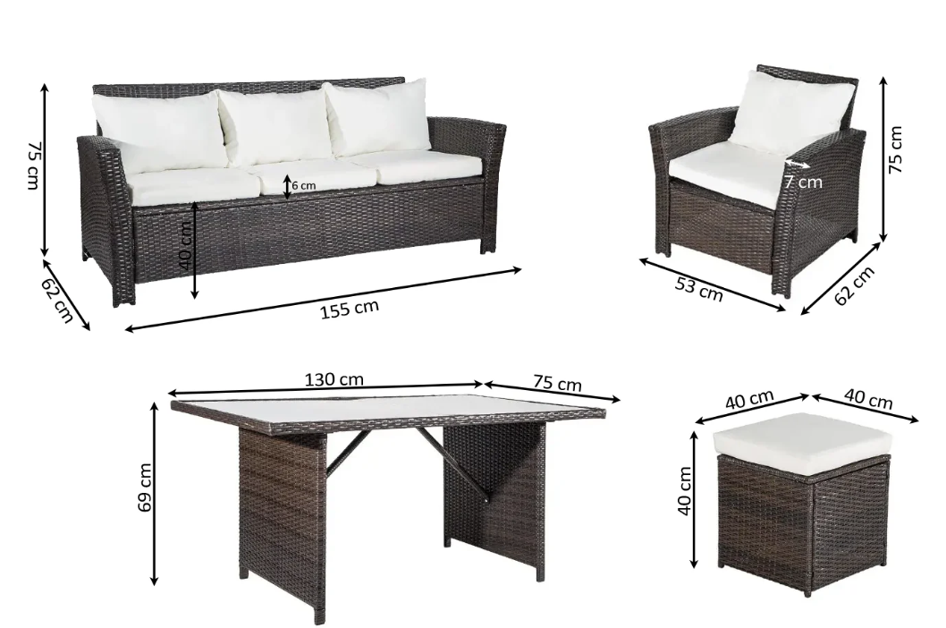 Conjunto Jardín Ratán Completo 6 Piezas 155x62x72cm Gris o Marrón