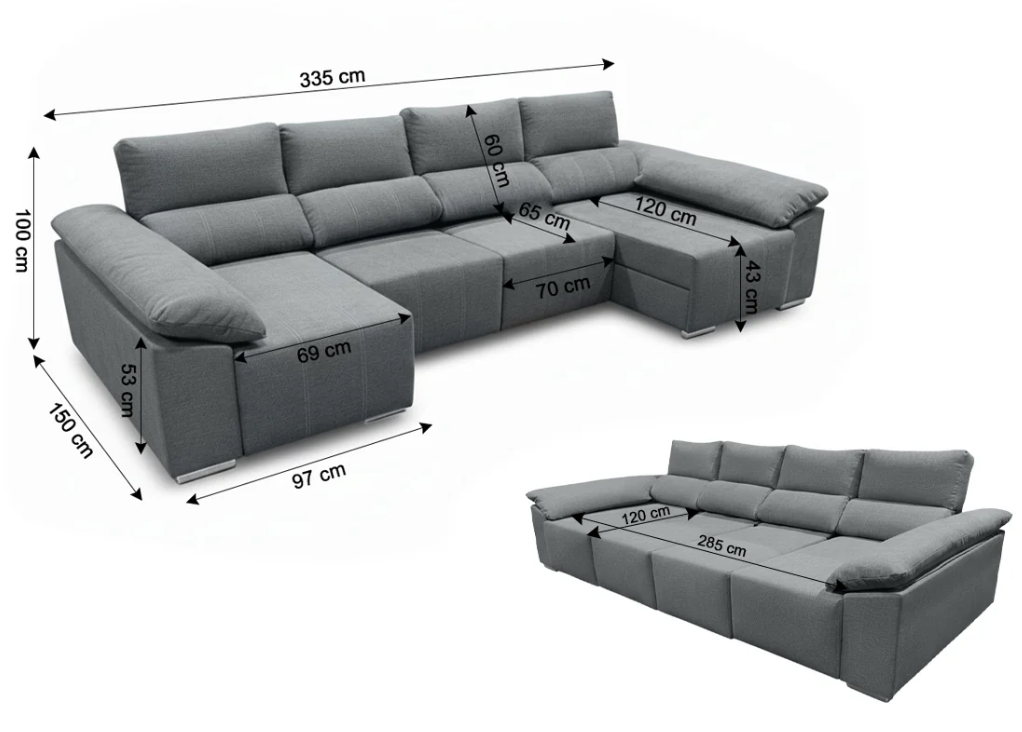 Mega Sofá Barcelona - cama chaise longue grande 335 cm con arcón y cama 285x120 – Máximo confort y almacenaje