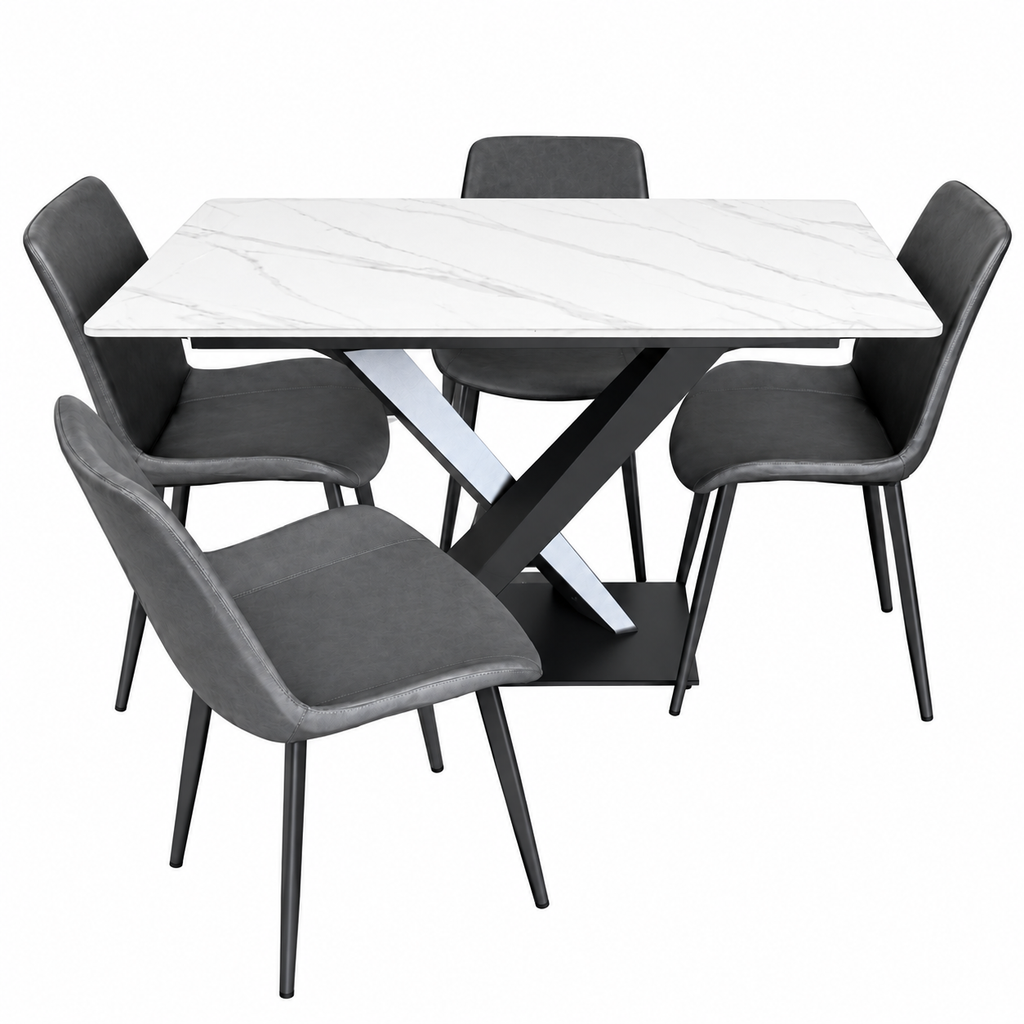 Comedor Moderno con Mesa Rectangular Efecto Mármol Blanco y 4 Sillas