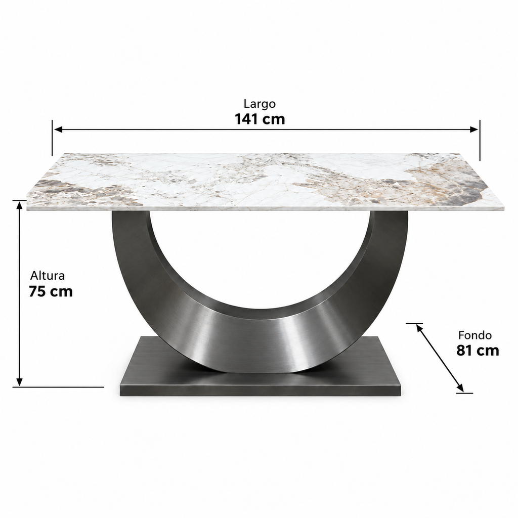 Mesa de comedor rectangular efecto mármol blanco con base metálica