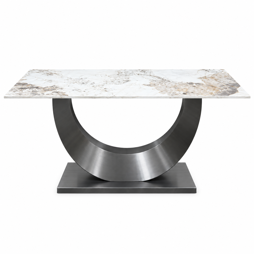 Mesa de comedor rectangular efecto mármol blanco con base metálica