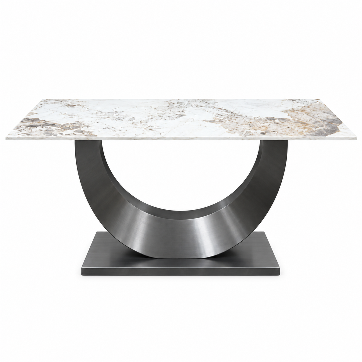 Mesa de comedor rectangular efecto mármol blanco con base metálica