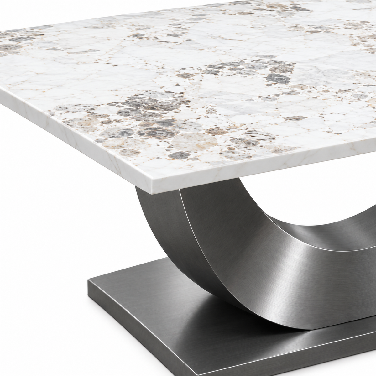 Mesa de comedor rectangular efecto mármol blanco con base metálica