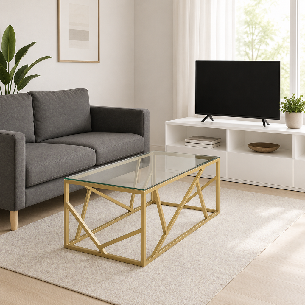 Mesa de Centro Cristal y Metal Dorado