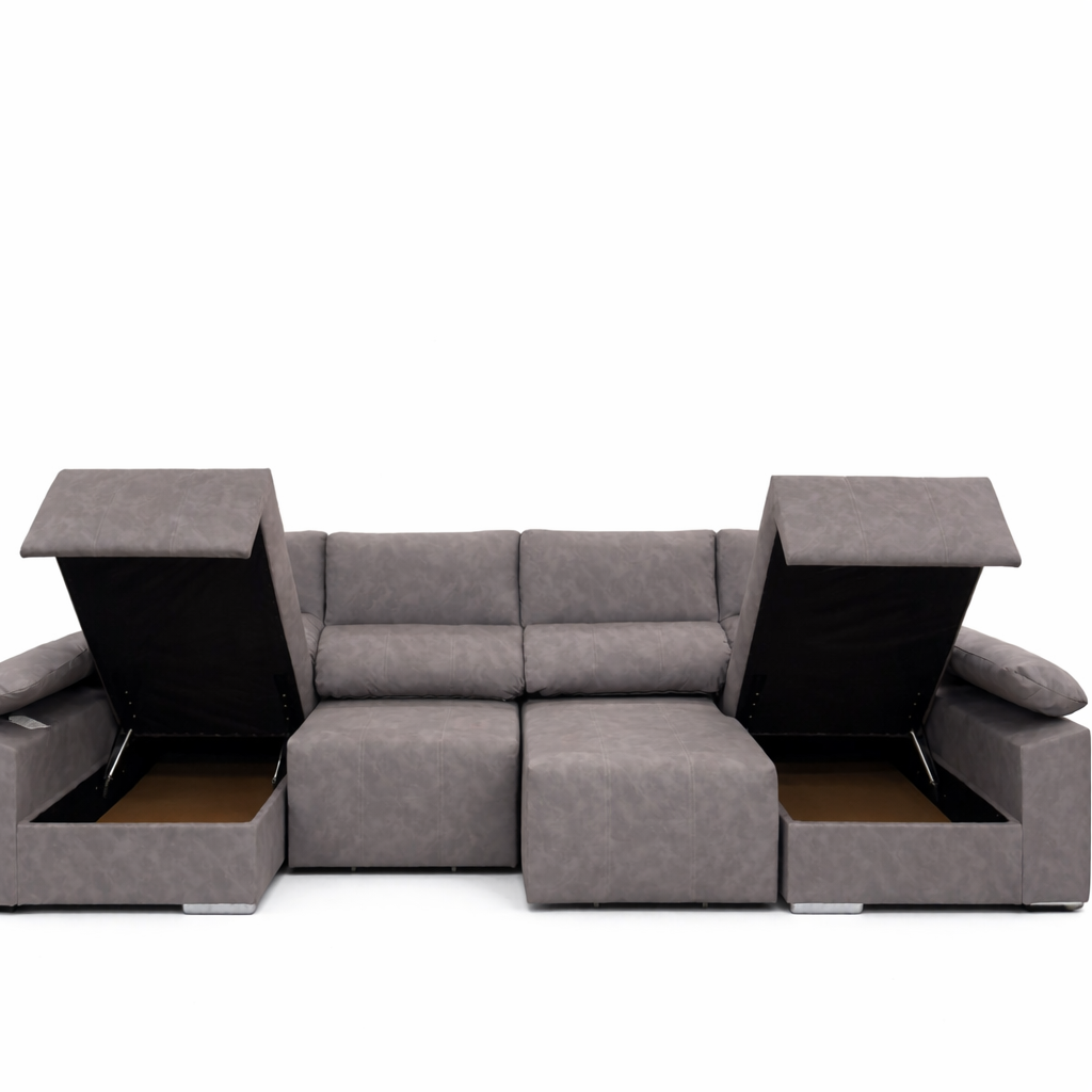 Mega Sofá Barcelona - cama chaise longue grande 335 cm con arcón y cama 285x120 – Máximo confort y almacenaje