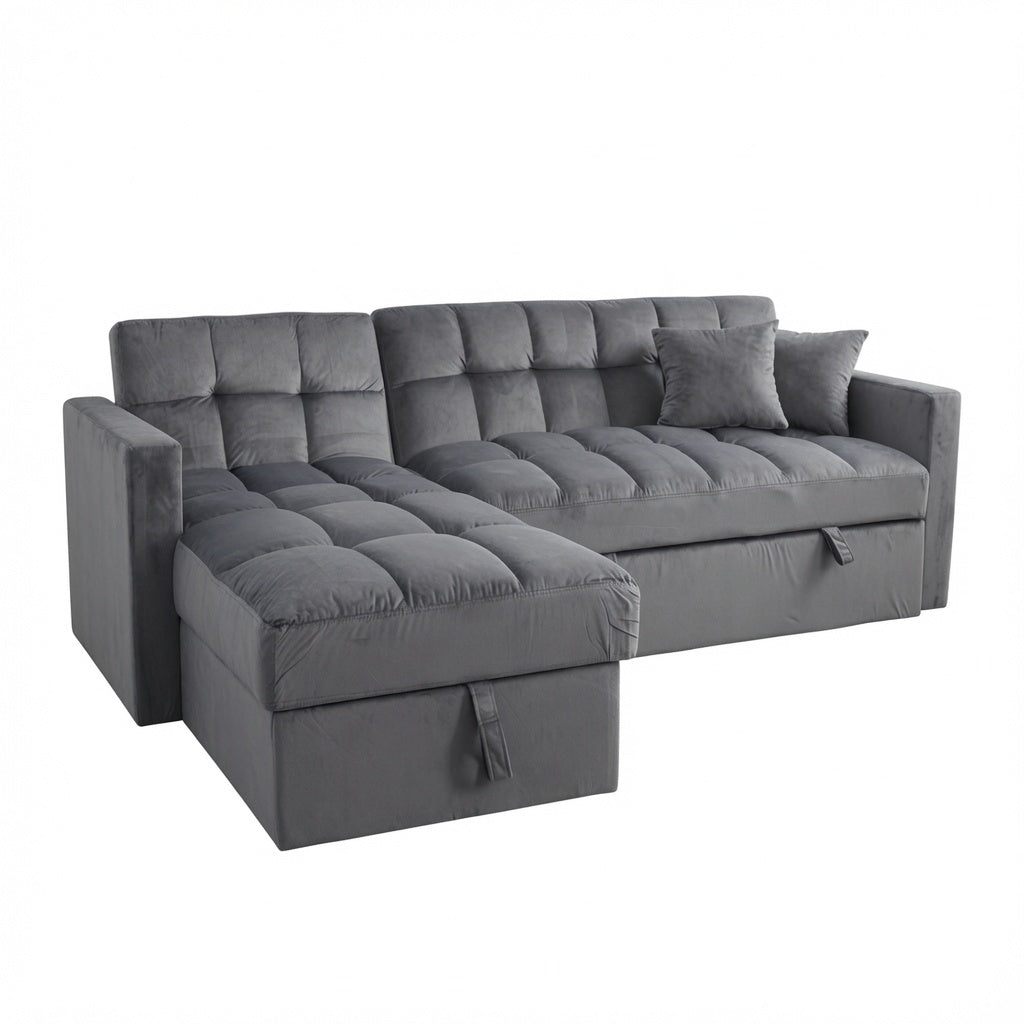 Sofá Cama 210x145 cm en Terciopelo Gris con Almacenaje y Cojines
