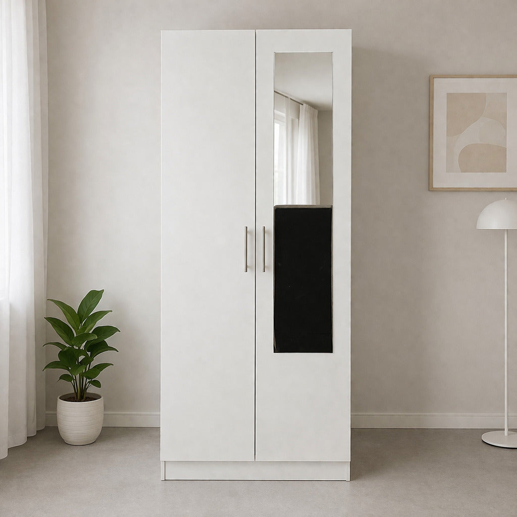 Armario dormitorio 2 puertas espejo 200x80x52 cm blanco o cambria