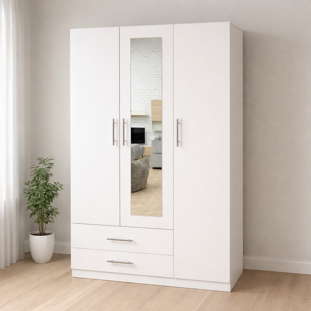 Armario dormitorio 3 puertas espejo 120x200 cm blanco o cambria moderno barato