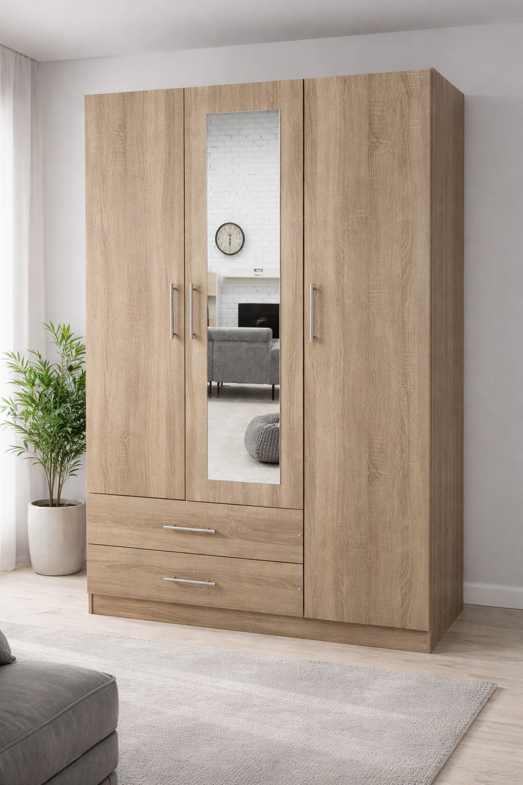 Armario dormitorio 3 puertas espejo 120x200 cm blanco o cambria moderno barato