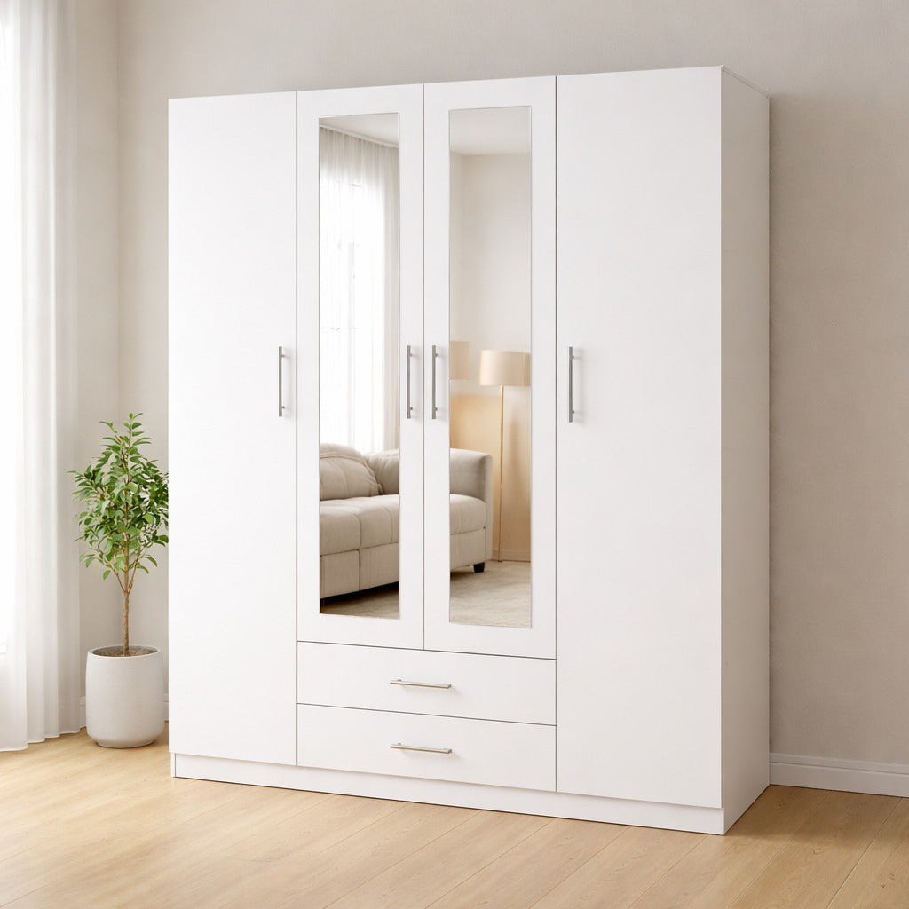 Armario dormitorio 4 puertas espejo 160x200 cm blanco o cambria