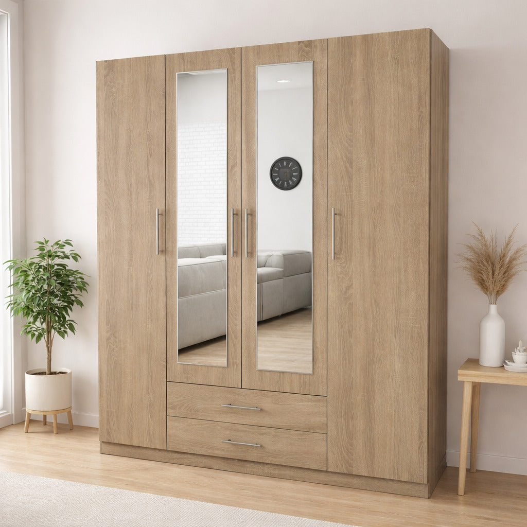 Armario dormitorio 4 puertas espejo 160x200 cm blanco o cambria