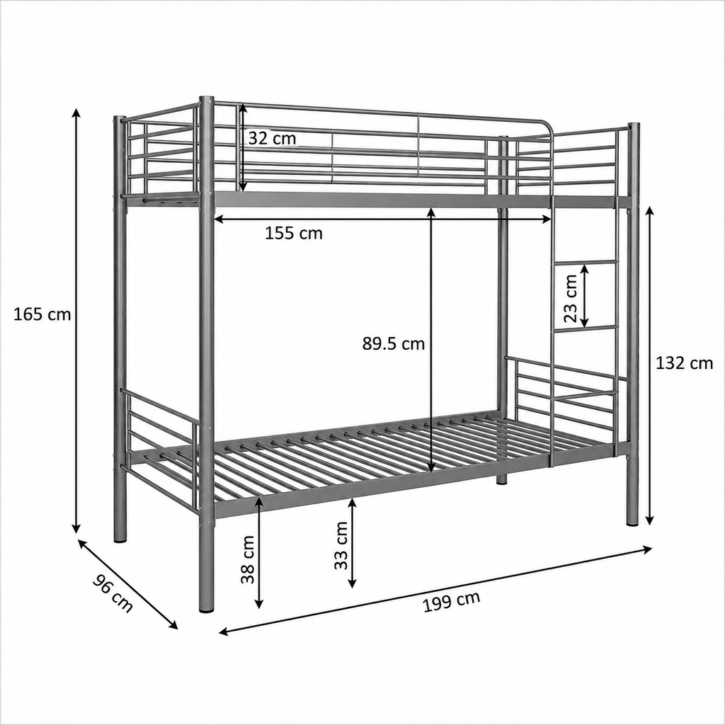 Litera metálica 90x190 resistente con escalera y barandilla