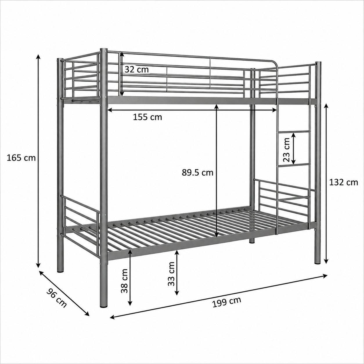 Litera metálica 90x190 resistente con escalera y barandilla