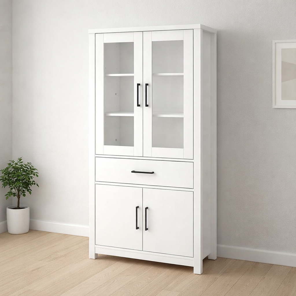 Aparador vitrina 4 puertas – Roble / Blanco Melamina