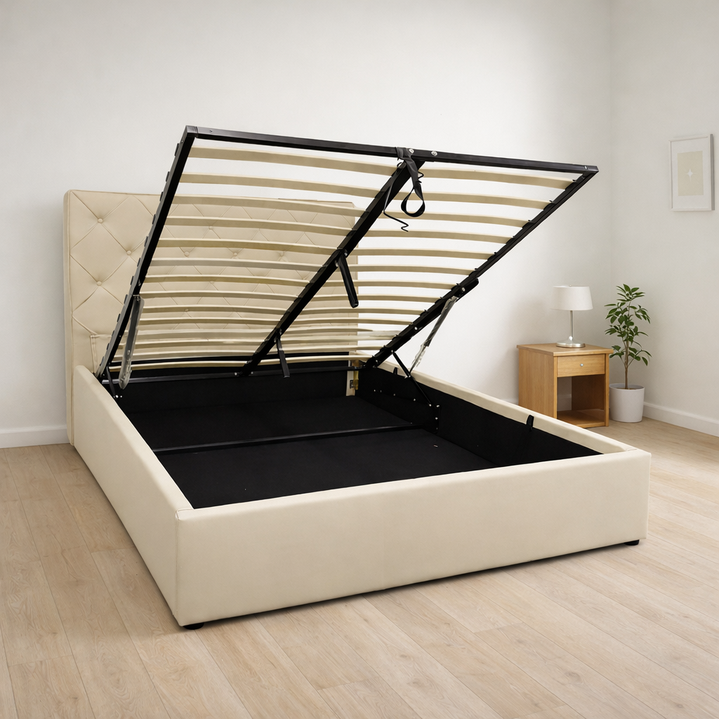 Cama matrimonial tapizada con arcón y cabecero