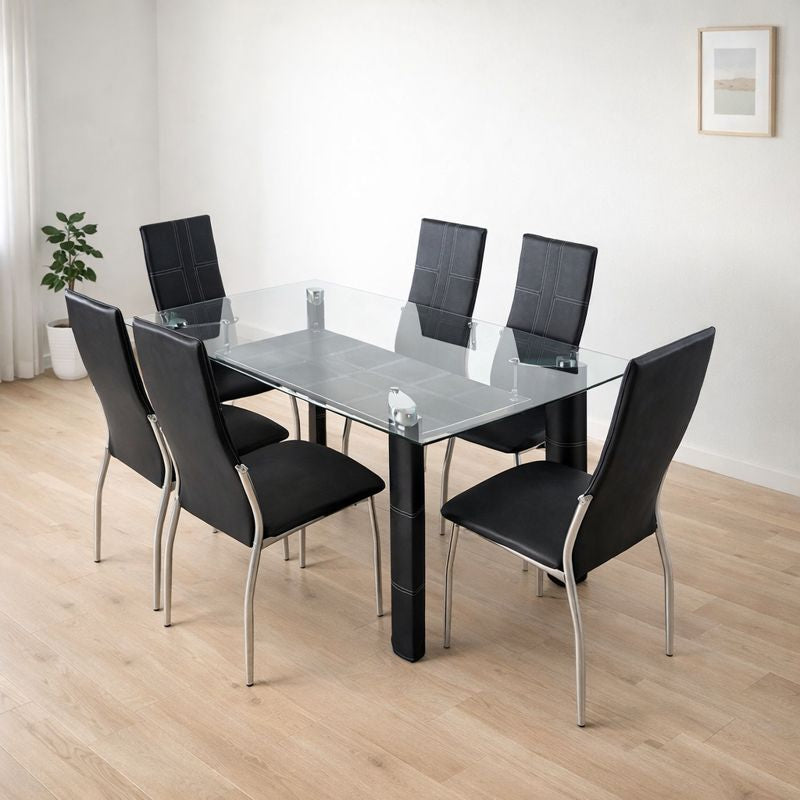Mesa ketch de Cristal Templado + 6 Sillas de Comedor en Polipiel y Metal