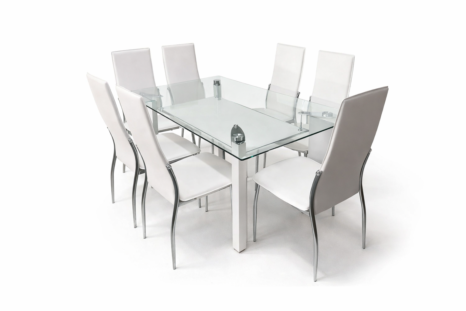 Mesa ketch de Cristal Templado + 6 Sillas de Comedor en Polipiel y Metal