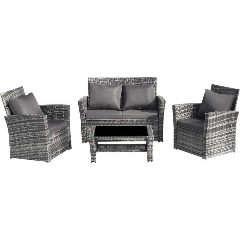 Conjunto Jardín Rattan Moderno 4 Piezas 117x67cm | Sofá, 2 Sillones y Mesita