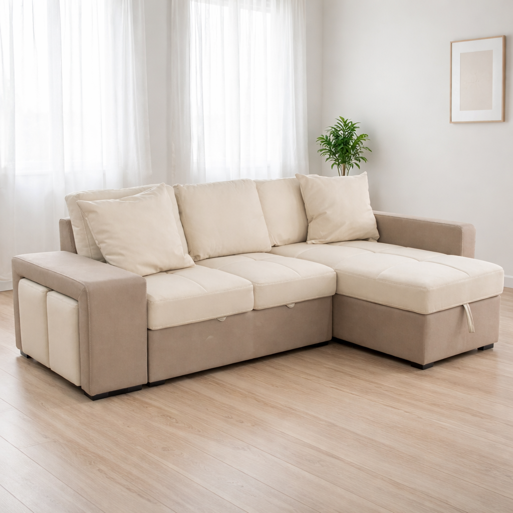 Sofá cama chaise longue arcón con puffs