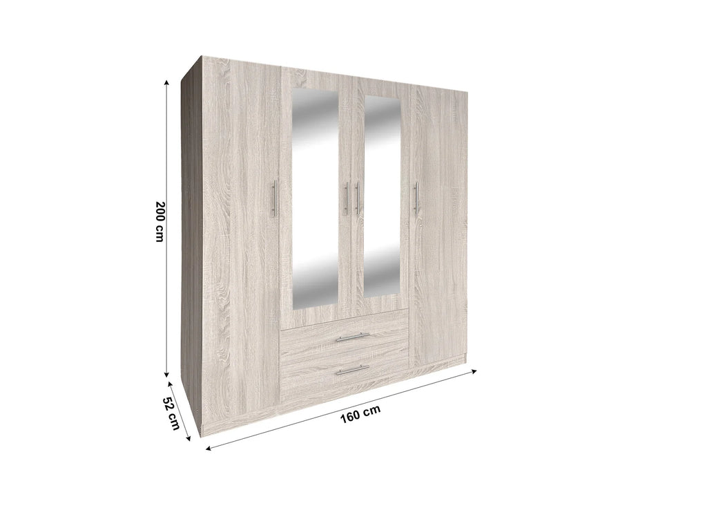 Armario dormitorio 4 puertas espejo 160x200 cm blanco o cambria