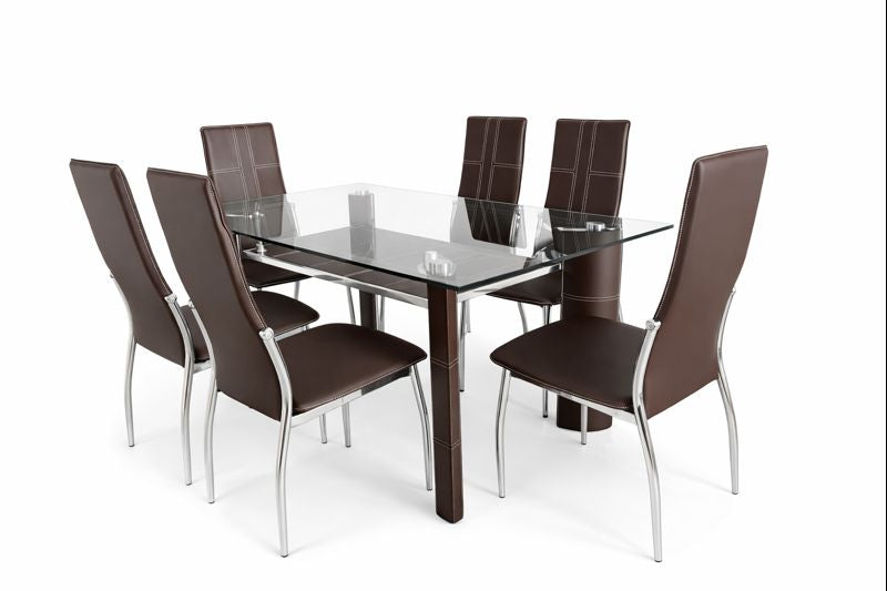 Mesa ketch de Cristal Templado + 6 Sillas de Comedor en Polipiel y Metal