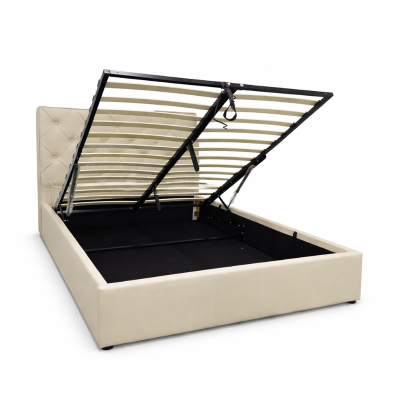 Cama matrimonial tapizada con arcón y cabecero