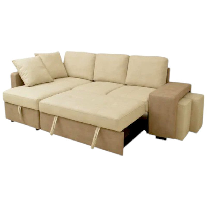 Sofá cama chaise longue arcón con puffs