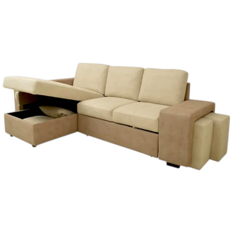 Sofá cama chaise longue arcón con puffs