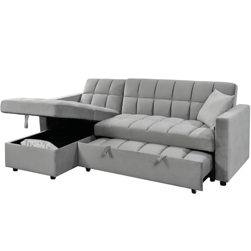Sofá Cama 210x145 cm en Terciopelo Gris con Almacenaje y Cojines