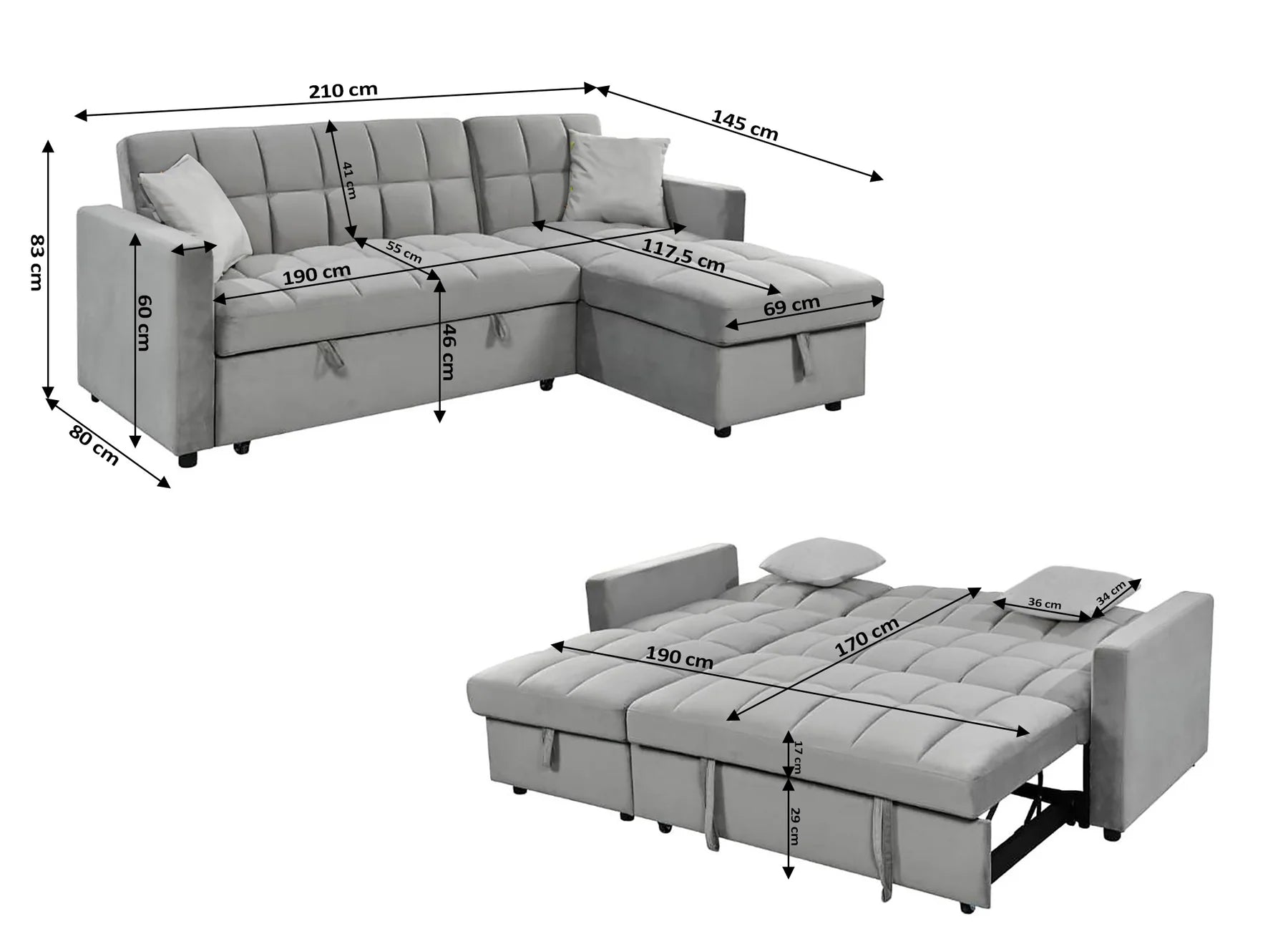 Sofá Cama 210x145 cm en Terciopelo Gris con Almacenaje y Cojines