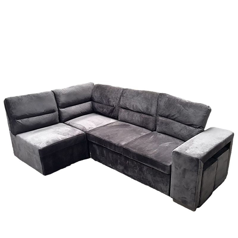 Sofá cama rinconera con puffs en terciopelo