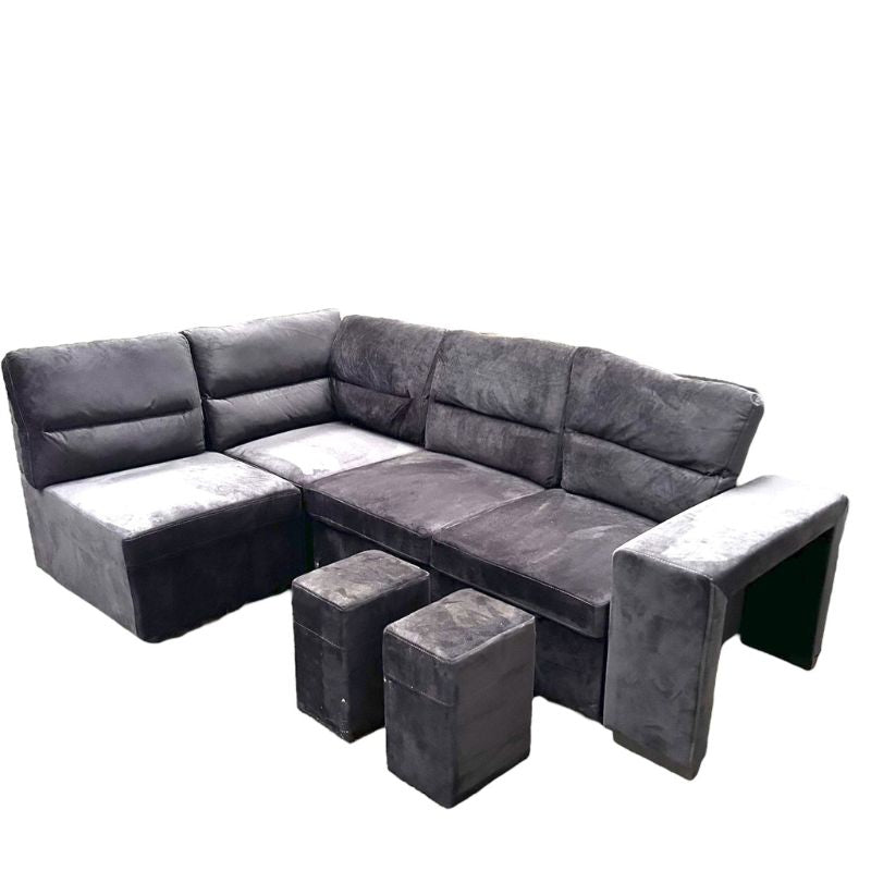 Sofá cama rinconera con puffs en terciopelo